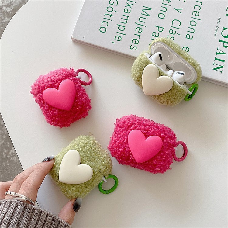 For Apple AirPods Pro Winter Soft Fluff TPU Bluetooth Earphone Case Heart Decor Anti-drop Protective Cover with Ring Buckle - Rose