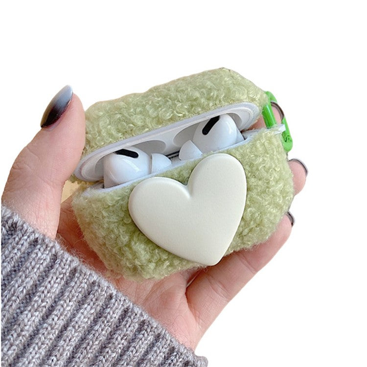 For Apple AirPods Pro Winter Soft Fluff TPU Bluetooth Earphone Case Heart Decor Anti-drop Protective Cover with Ring Buckle - Green