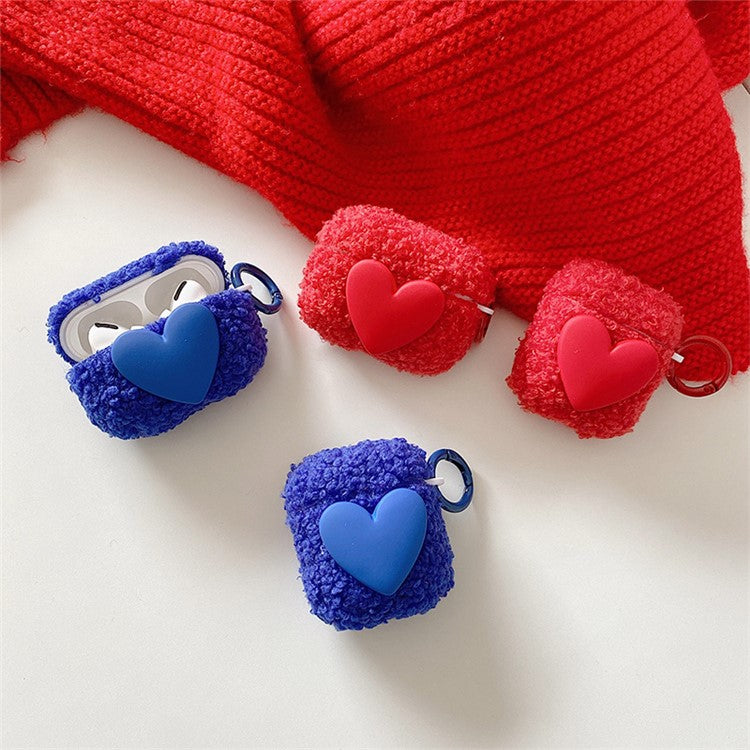 For Apple AirPods Pro Winter Soft Fluff TPU Bluetooth Earphone Case Heart Decor Anti-drop Protective Cover with Ring Buckle - Blue