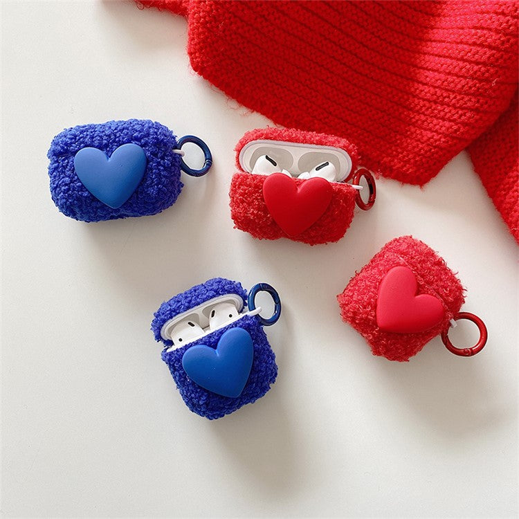 For Apple AirPods Pro Winter Soft Fluff TPU Bluetooth Earphone Case Heart Decor Anti-drop Protective Cover with Ring Buckle - Blue