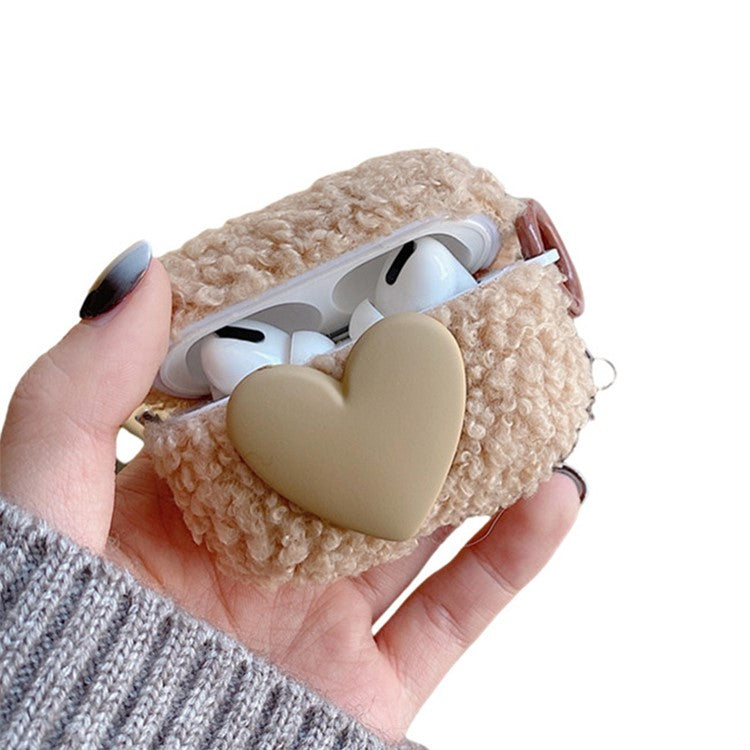 For Apple AirPods Pro Winter Soft Fluff TPU Bluetooth Earphone Case Heart Decor Anti-drop Protective Cover with Ring Buckle - Khaki