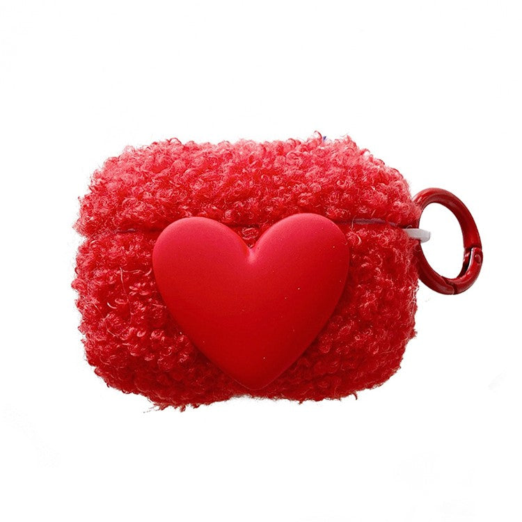 For Apple AirPods Pro Winter Soft Fluff TPU Bluetooth Earphone Case Heart Decor Anti-drop Protective Cover with Ring Buckle - Red