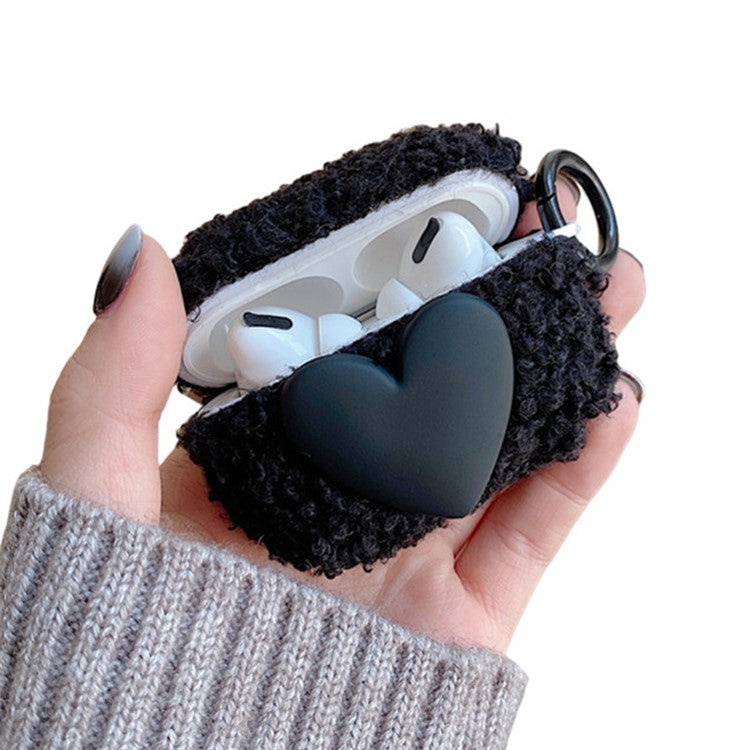 For Apple AirPods Pro Winter Soft Fluff TPU Bluetooth Earphone Case Heart Decor Anti-drop Protective Cover with Ring Buckle - Black