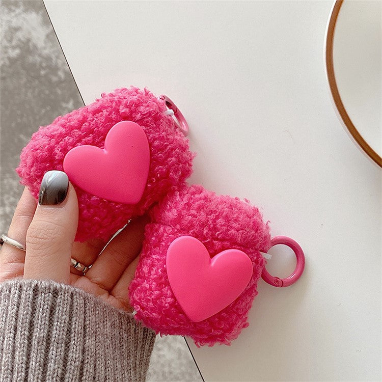 For AirPods with Charging Case (2016)  /  (2019)  /  AirPods with Wireless Charging Case (2019) Soft Fluff TPU Protective Cover Heart Decor Anti-drop Earphone Case with Ring Buckle - Rose