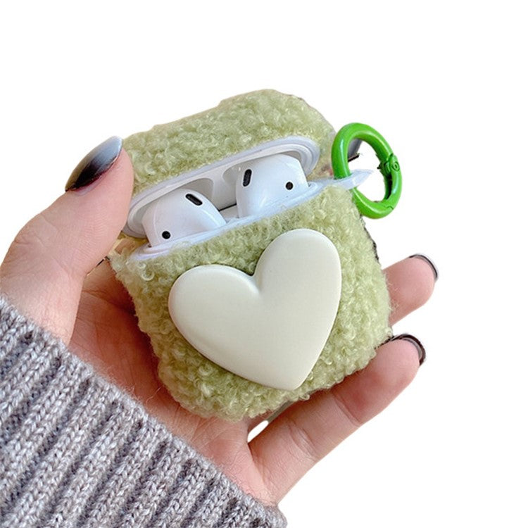 For AirPods with Charging Case (2016)  /  (2019)  /  AirPods with Wireless Charging Case (2019) Soft Fluff TPU Protective Cover Heart Decor Anti-drop Earphone Case with Ring Buckle - Green