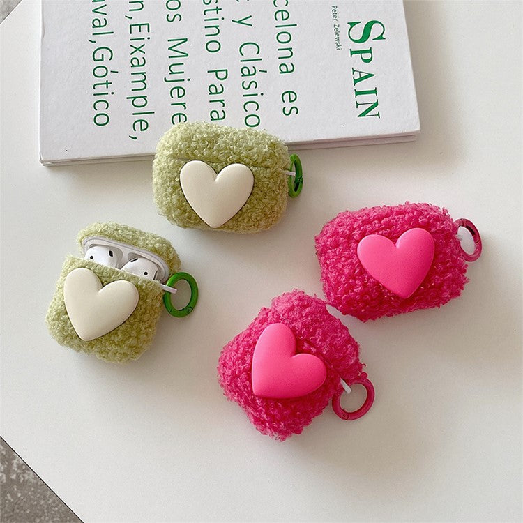 For AirPods with Charging Case (2016)  /  (2019)  /  AirPods with Wireless Charging Case (2019) Soft Fluff TPU Protective Cover Heart Decor Anti-drop Earphone Case with Ring Buckle - Green