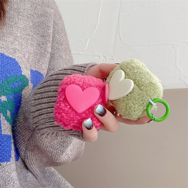 For AirPods with Charging Case (2016)  /  (2019)  /  AirPods with Wireless Charging Case (2019) Soft Fluff TPU Protective Cover Heart Decor Anti-drop Earphone Case with Ring Buckle - Green