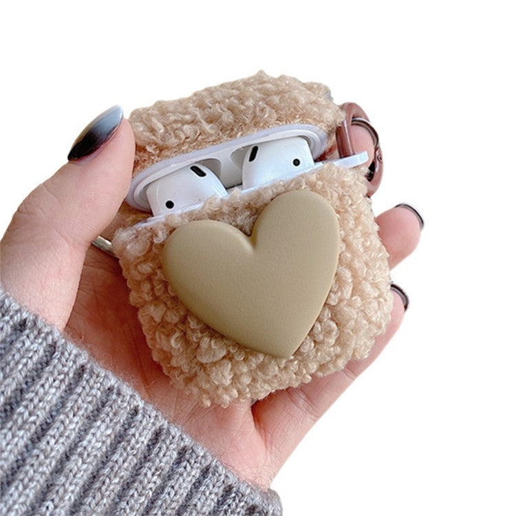 For AirPods with Charging Case (2016)  /  (2019)  /  AirPods with Wireless Charging Case (2019) Soft Fluff TPU Protective Cover Heart Decor Anti-drop Earphone Case with Ring Buckle - Khaki