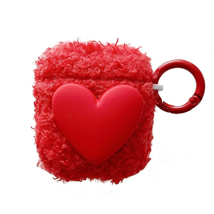 For AirPods with Charging Case (2016)  /  (2019)  /  AirPods with Wireless Charging Case (2019) Soft Fluff TPU Protective Cover Heart Decor Anti-drop Earphone Case with Ring Buckle - Red