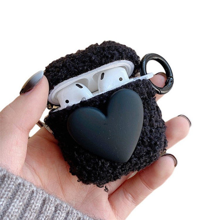 For AirPods with Charging Case (2016)  /  (2019)  /  AirPods with Wireless Charging Case (2019) Soft Fluff TPU Protective Cover Heart Decor Anti-drop Earphone Case with Ring Buckle - Black