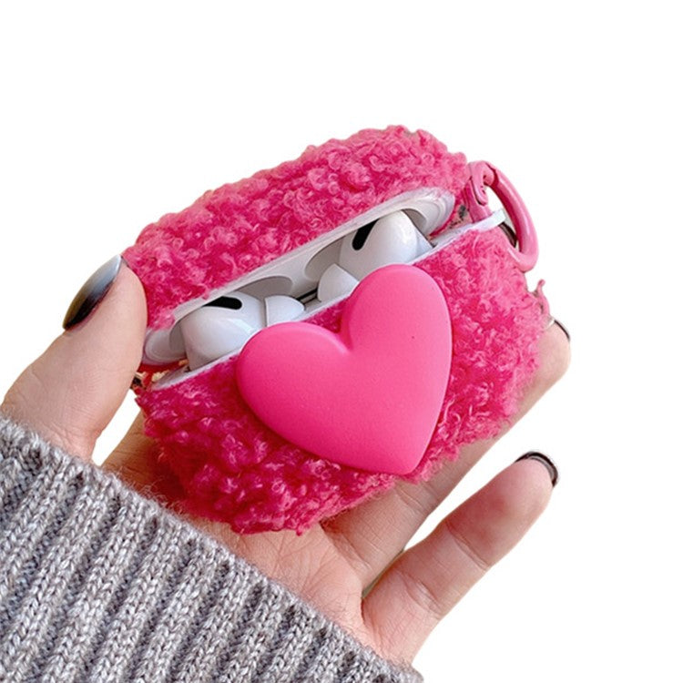 For AirPods Pro 2 Heart Decor Soft Fluff TPU Bluetooth Earphone Case Winter Anti-drop Protective Cover with Ring Buckle - Rose