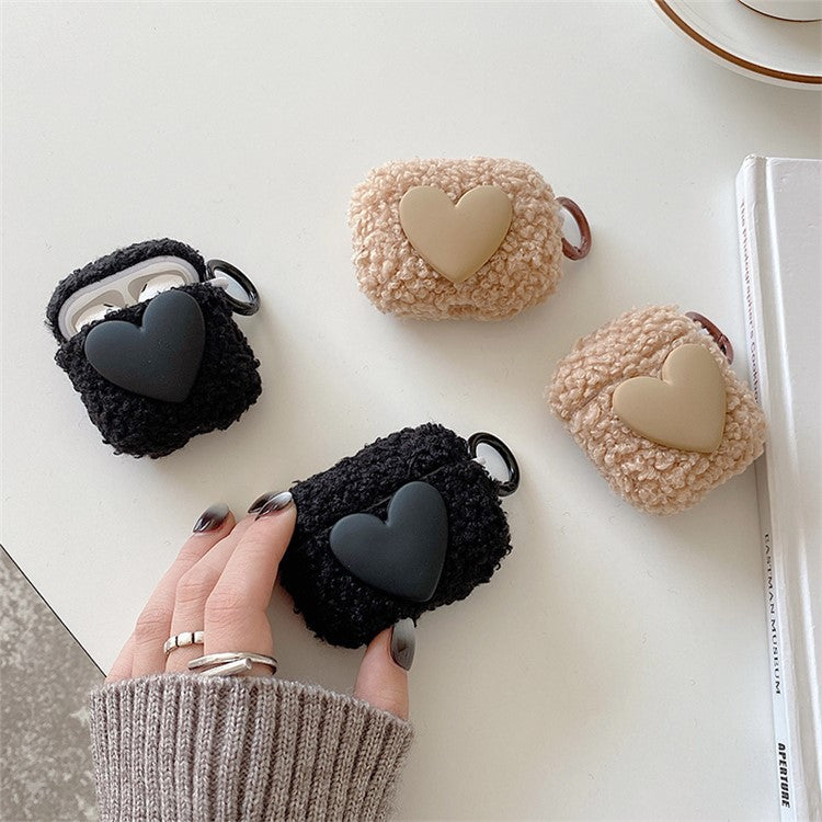 For AirPods Pro 2 Heart Decor Soft Fluff TPU Bluetooth Earphone Case Winter Anti-drop Protective Cover with Ring Buckle - Rose