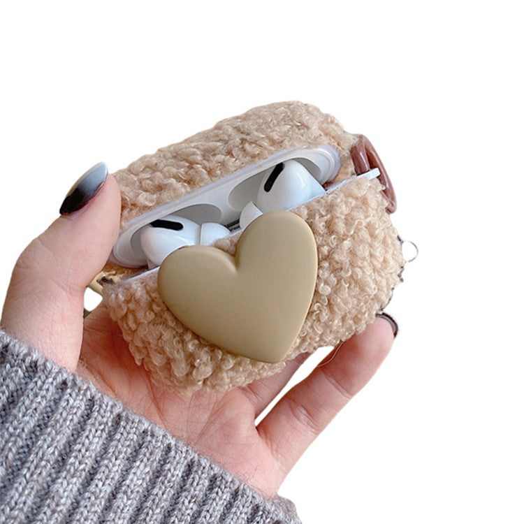 For AirPods Pro 2 Heart Decor Soft Fluff TPU Bluetooth Earphone Case Winter Anti-drop Protective Cover with Ring Buckle - Khaki