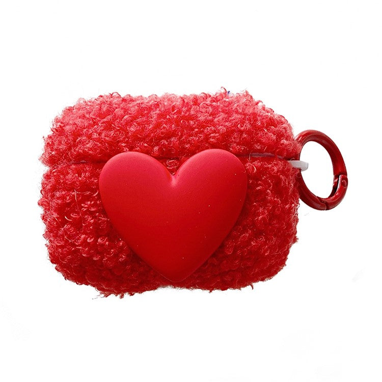 For AirPods Pro 2 Heart Decor Soft Fluff TPU Bluetooth Earphone Case Winter Anti-drop Protective Cover with Ring Buckle - Red