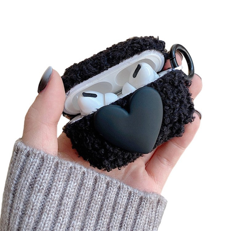 For AirPods Pro 2 Heart Decor Soft Fluff TPU Bluetooth Earphone Case Winter Anti-drop Protective Cover with Ring Buckle - Black