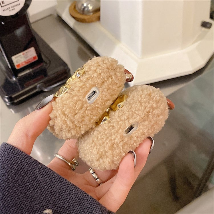 For Apple AirPods with Charging Case (2016) / (2019) / AirPods with Wireless Charging Case (2019) Electroplating Bowknot Decor Fluff Earphone Case Anti-drop Earbud TPU Cover - Khaki