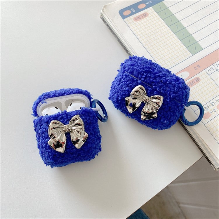 For Apple AirPods with Charging Case (2016) / (2019) / AirPods with Wireless Charging Case (2019) Electroplating Bowknot Decor Fluff Earphone Case Anti-drop Earbud TPU Cover - Blue