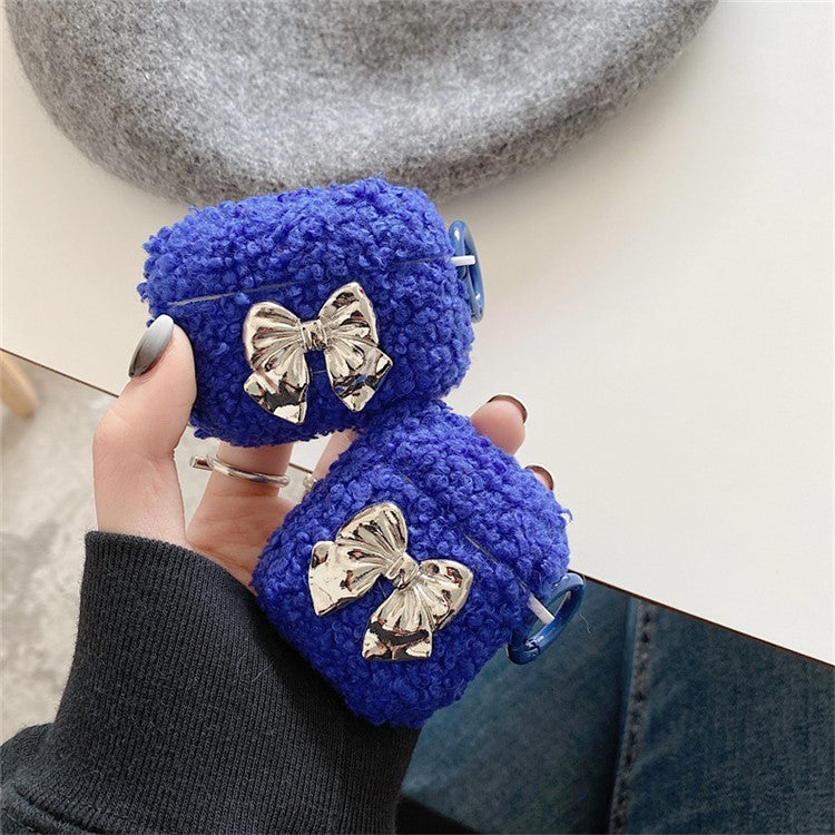 For Apple AirPods with Charging Case (2016) / (2019) / AirPods with Wireless Charging Case (2019) Electroplating Bowknot Decor Fluff Earphone Case Anti-drop Earbud TPU Cover - Blue