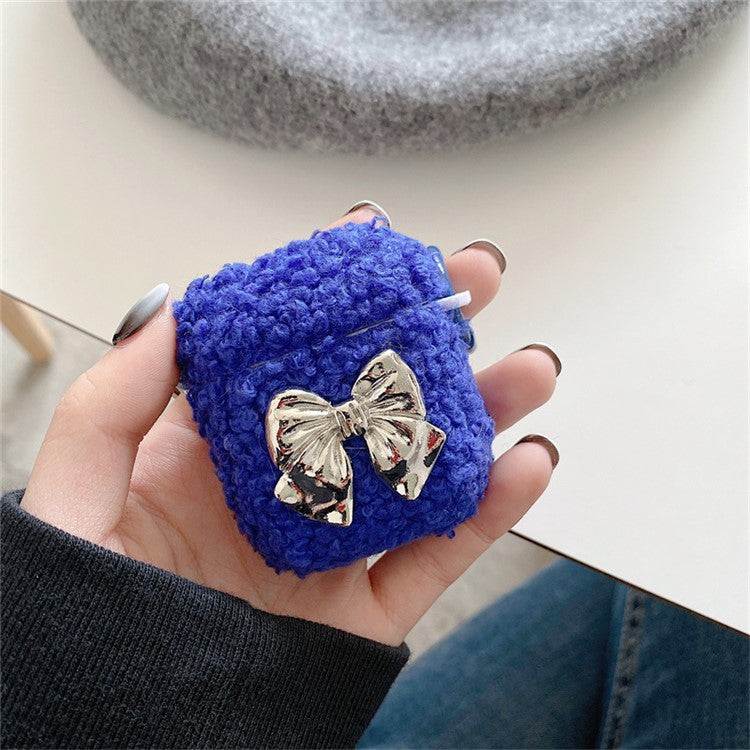 For Apple AirPods with Charging Case (2016) / (2019) / AirPods with Wireless Charging Case (2019) Electroplating Bowknot Decor Fluff Earphone Case Anti-drop Earbud TPU Cover - Blue