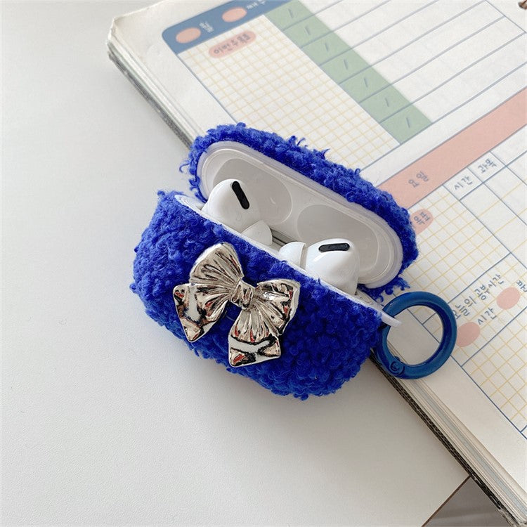 For Apple AirPods Pro Electroplating Bowknot Decor Earphone Case Soft Fluff  Earbud Anti-drop TPU Cover with Ring Buckle - Blue