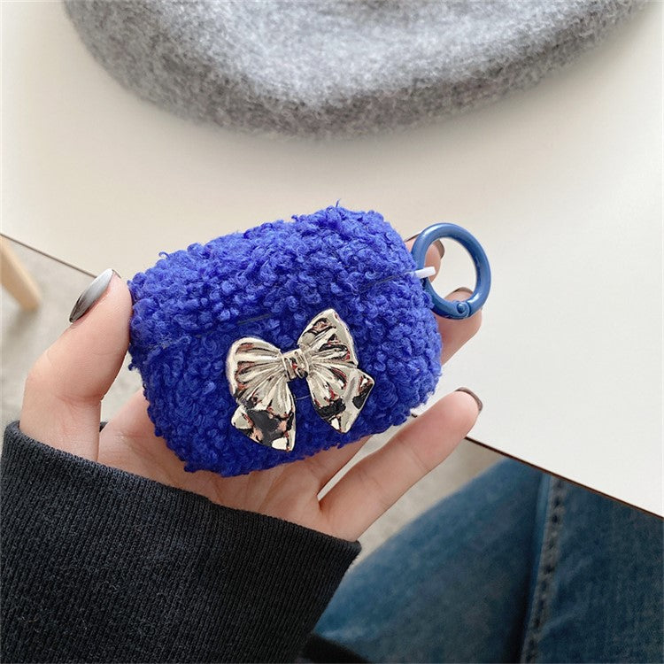 For Apple AirPods Pro Electroplating Bowknot Decor Earphone Case Soft Fluff  Earbud Anti-drop TPU Cover with Ring Buckle - Blue