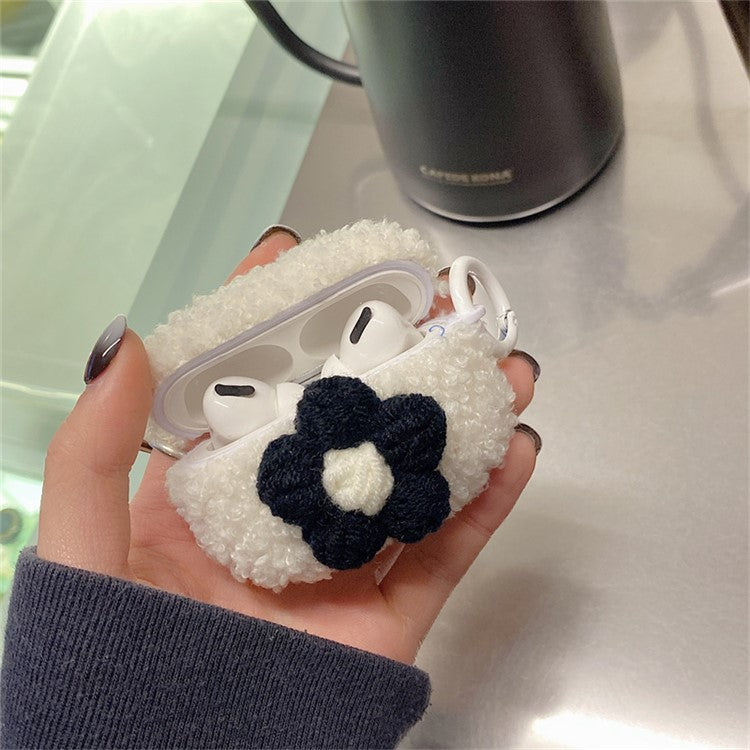 For AirPods Pro 2 Retro Flower Design Soft Fluff TPU Protective Cover Winter Warm Bluetooth Earphone Anti-drop Case with Ring Buckle - White