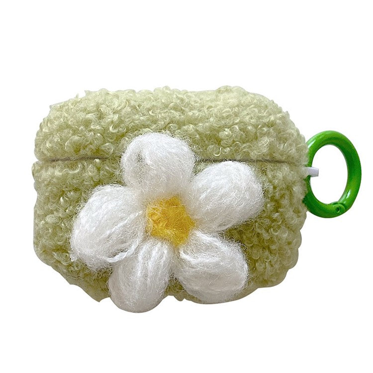 For AirPods Pro 2 Retro Flower Design Soft Fluff TPU Protective Cover Winter Warm Bluetooth Earphone Anti-drop Case with Ring Buckle - Green