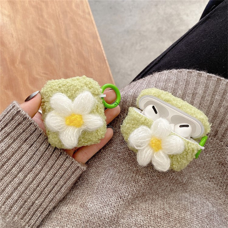 For AirPods Pro 2 Retro Flower Design Soft Fluff TPU Protective Cover Winter Warm Bluetooth Earphone Anti-drop Case with Ring Buckle - Green