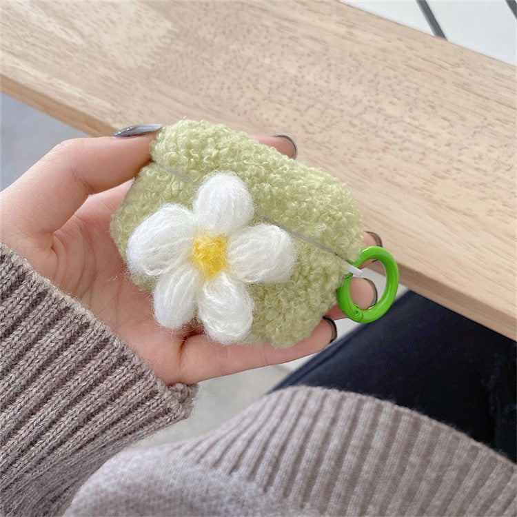 For AirPods Pro 2 Retro Flower Design Soft Fluff TPU Protective Cover Winter Warm Bluetooth Earphone Anti-drop Case with Ring Buckle - Green