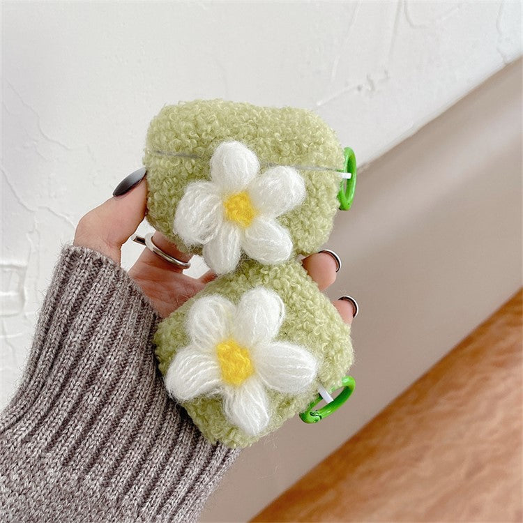 For AirPods Pro 2 Retro Flower Design Soft Fluff TPU Protective Cover Winter Warm Bluetooth Earphone Anti-drop Case with Ring Buckle - Green