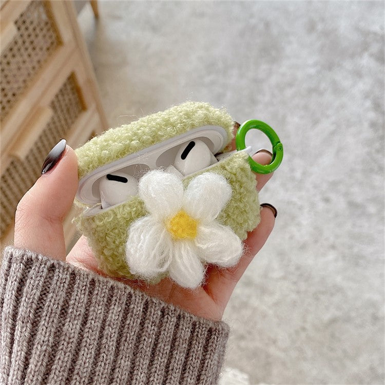 For AirPods Pro 2 Retro Flower Design Soft Fluff TPU Protective Cover Winter Warm Bluetooth Earphone Anti-drop Case with Ring Buckle - Green