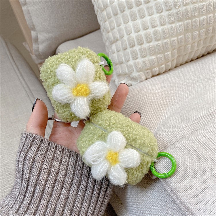 For AirPods Pro 2 Retro Flower Design Soft Fluff TPU Protective Cover Winter Warm Bluetooth Earphone Anti-drop Case with Ring Buckle - Green