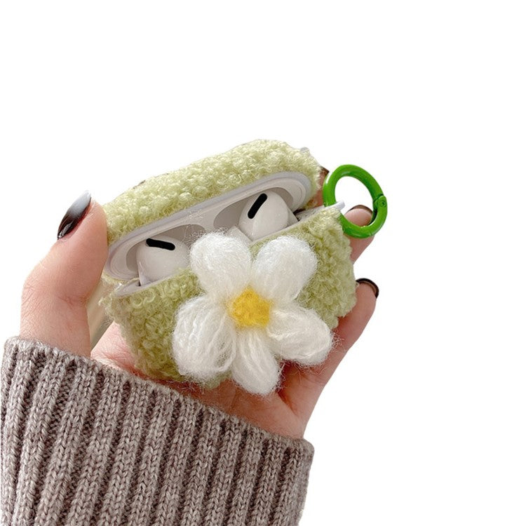 For AirPods Pro 2 Retro Flower Design Soft Fluff TPU Protective Cover Winter Warm Bluetooth Earphone Anti-drop Case with Ring Buckle - Green