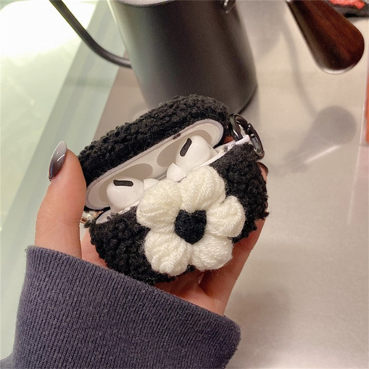 For AirPods Pro 2 Retro Flower Design Soft Fluff TPU Protective Cover Winter Warm Bluetooth Earphone Anti-drop Case with Ring Buckle - Black