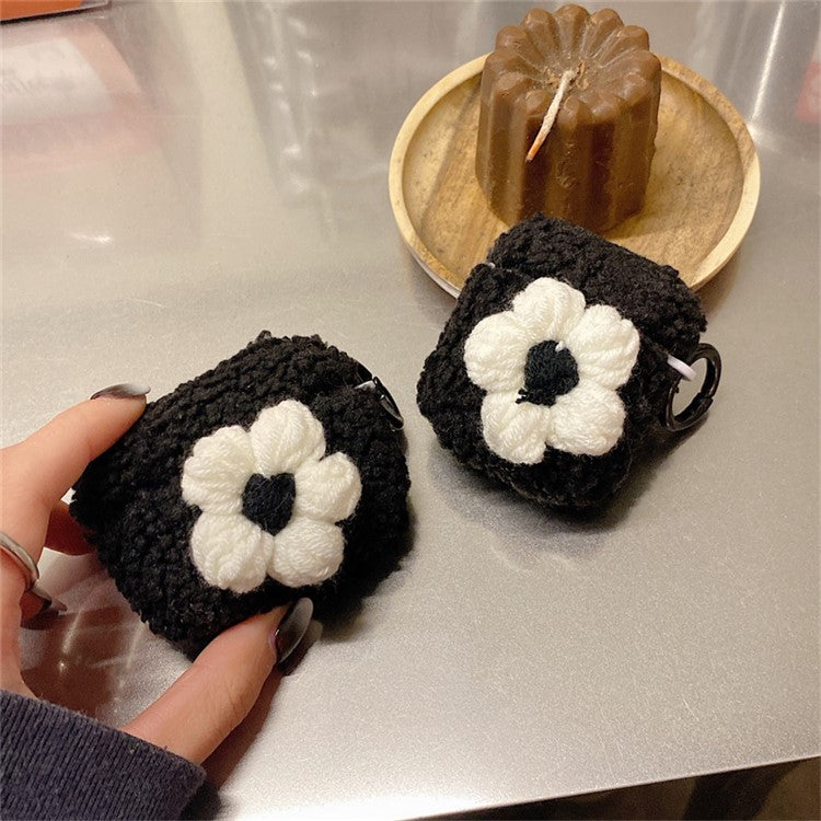 For AirPods Pro 2 Retro Flower Design Soft Fluff TPU Protective Cover Winter Warm Bluetooth Earphone Anti-drop Case with Ring Buckle - Black