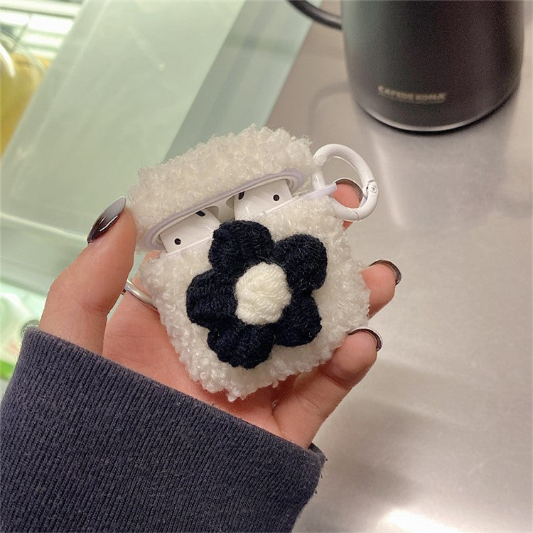 For AirPods with Charging Case (2016)  /  (2019)  /  AirPods with Wireless Charging Case (2019) Retro Flower Soft Fluff TPU Earphone Cover Winter Protective Case with Ring Buckle - White