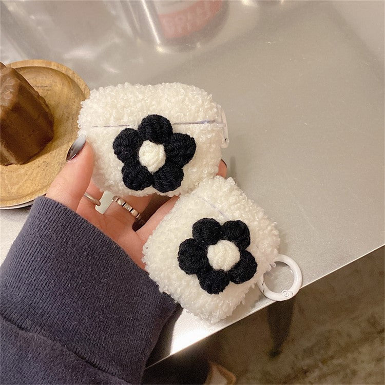 For AirPods with Charging Case (2016)  /  (2019)  /  AirPods with Wireless Charging Case (2019) Retro Flower Soft Fluff TPU Earphone Cover Winter Protective Case with Ring Buckle - White