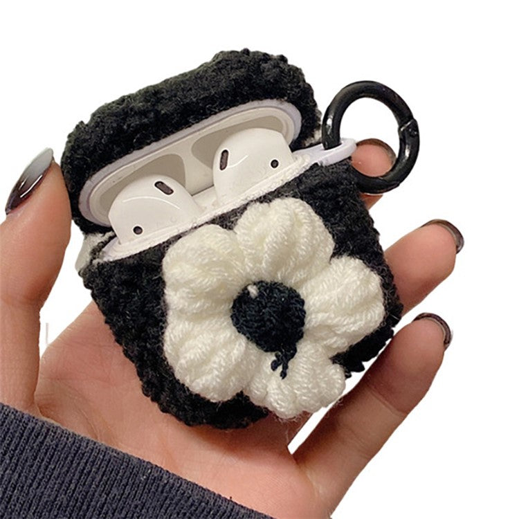 For AirPods with Charging Case (2016)  /  (2019)  /  AirPods with Wireless Charging Case (2019) Retro Flower Soft Fluff TPU Earphone Cover Winter Protective Case with Ring Buckle - Black