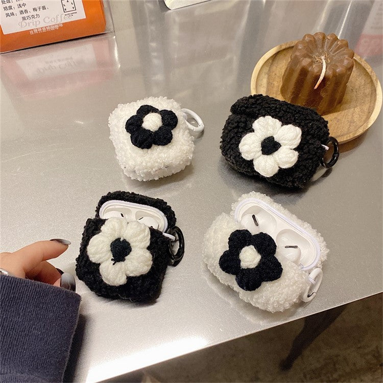 For AirPods with Charging Case (2016)  /  (2019)  /  AirPods with Wireless Charging Case (2019) Retro Flower Soft Fluff TPU Earphone Cover Winter Protective Case with Ring Buckle - Black