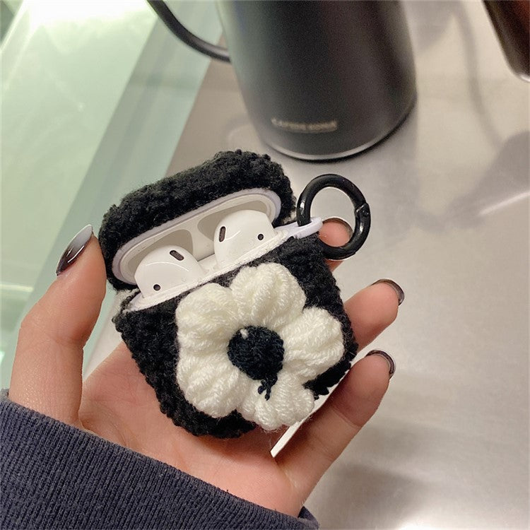 For AirPods with Charging Case (2016)  /  (2019)  /  AirPods with Wireless Charging Case (2019) Retro Flower Soft Fluff TPU Earphone Cover Winter Protective Case with Ring Buckle - Black