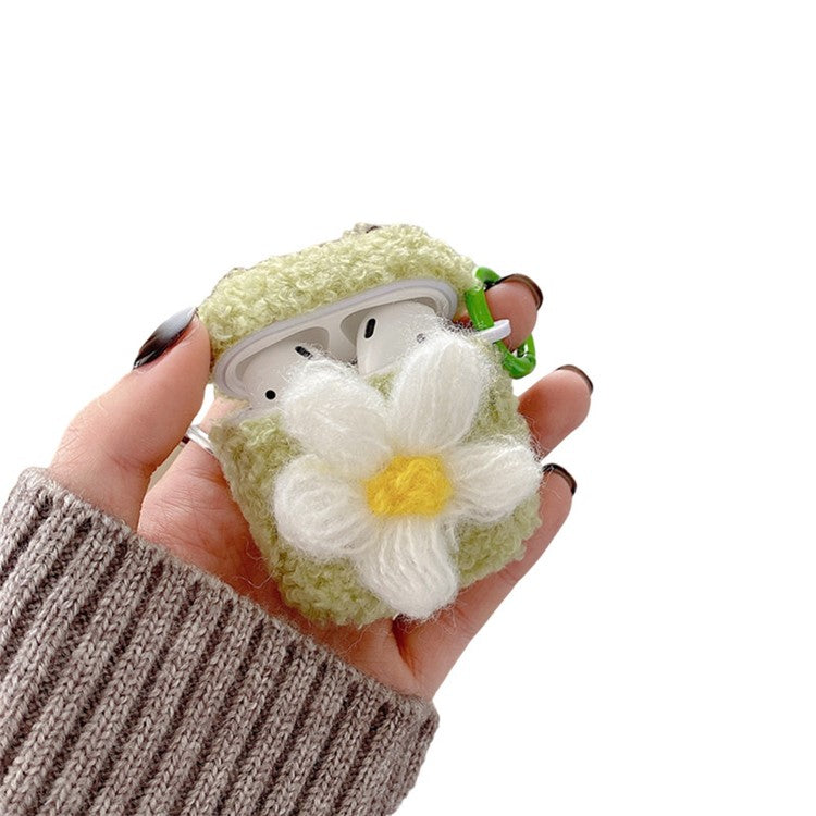 For AirPods with Charging Case (2016)  /  (2019)  /  AirPods with Wireless Charging Case (2019) Retro Flower Soft Fluff TPU Earphone Cover Winter Protective Case with Ring Buckle - Green