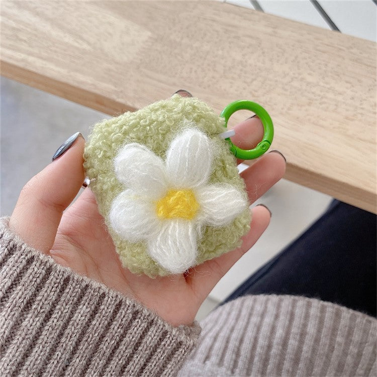 For AirPods with Charging Case (2016)  /  (2019)  /  AirPods with Wireless Charging Case (2019) Retro Flower Soft Fluff TPU Earphone Cover Winter Protective Case with Ring Buckle - Green