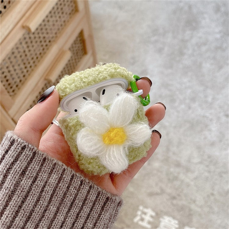 For AirPods with Charging Case (2016)  /  (2019)  /  AirPods with Wireless Charging Case (2019) Retro Flower Soft Fluff TPU Earphone Cover Winter Protective Case with Ring Buckle - Green