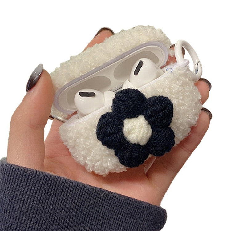 For Apple AirPods Pro Retro Flower Soft Fluff TPU Earphone Protective Cover Winter Bluetooth Earphone Drop-proof Sleeve with Ring Buckle - White