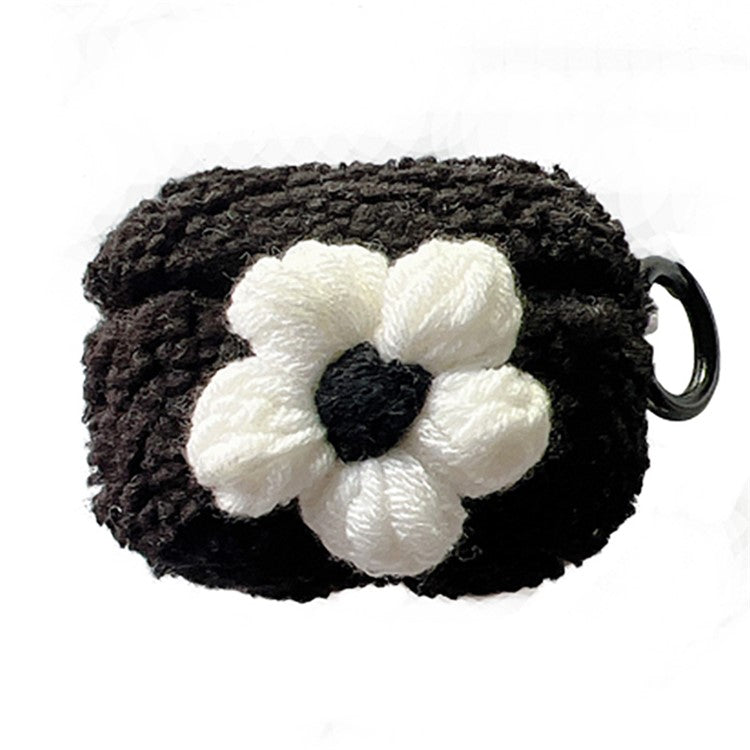 For Apple AirPods 3 Soft Fluff TPU Cover Retro Flower Design Winter Warm Bluetooth Earphone Protective Case with Ring Buckle - Black