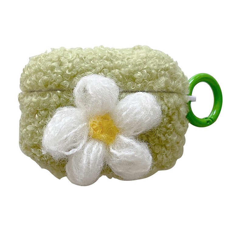 For Apple AirPods 3 Soft Fluff TPU Cover Retro Flower Design Winter Warm Bluetooth Earphone Protective Case with Ring Buckle - Green