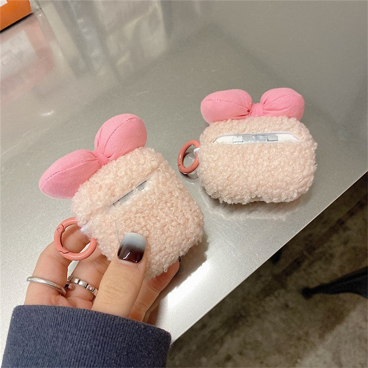 For AirPods with Charging Case (2016)  /  (2019)  /  AirPods with Wireless Charging Case (2019) Soft Fluff TPU Protective Cover Lovely Bowknot Earphone Anti-drop Case with Ring Buckle