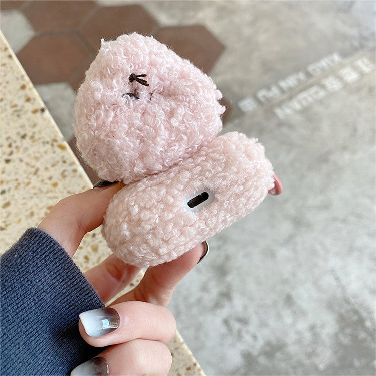 For AirPods with Charging Case (2016)  /  (2019)  /  AirPods with Wireless Charging Case (2019) Soft Fluff TPU Protective Cover Cute Cartoon Animal Earphone Anti-drop Case with Ring Buckle - Rabbit