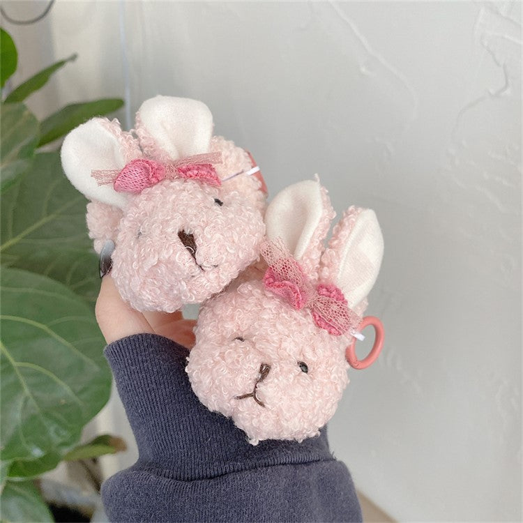 For AirPods with Charging Case (2016)  /  (2019)  /  AirPods with Wireless Charging Case (2019) Soft Fluff TPU Protective Cover Cute Cartoon Animal Earphone Anti-drop Case with Ring Buckle - Rabbit