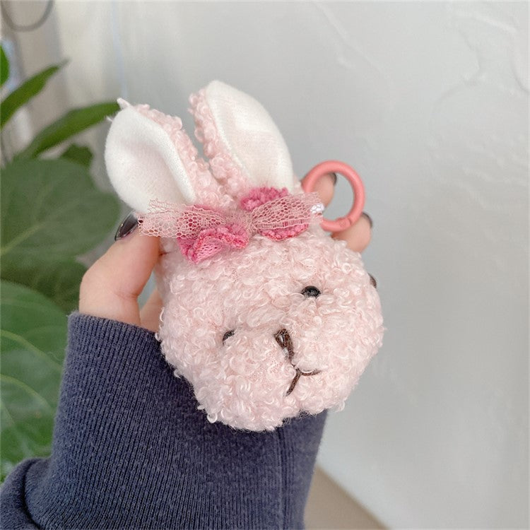 For AirPods with Charging Case (2016)  /  (2019)  /  AirPods with Wireless Charging Case (2019) Soft Fluff TPU Protective Cover Cute Cartoon Animal Earphone Anti-drop Case with Ring Buckle - Rabbit